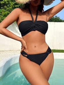 Bañador bikini halter girante delantero - Negro - Ver 3