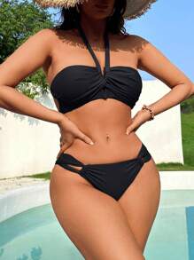 Bañador bikini halter girante delantero - Negro - Ver 4