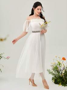 Modelyn Off Shoulder Frill Trim Mesh Overlay Dress Without Belt - White - View 5