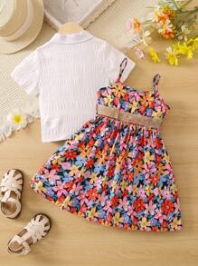 SHEIN 小女童印花吊帶洋裝和前紐扣襯衫 - 彩色 - 查看 2