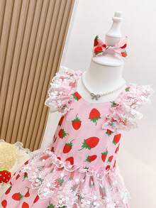 SHEIN Đầm em bé Tương phản ren Xù Rau quả - Hồng - Xem 3