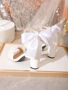 Nữ Ngọc Trai Giả & Nơ Trang Trí Xăng Đan Chunky Gót, Xăng Đan Quai Mắt Cá Màu Trắng Thời Trang - trắng - Xem 6