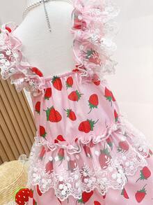 SHEIN Đầm em bé Tương phản ren Xù Rau quả - Hồng - Xem 5