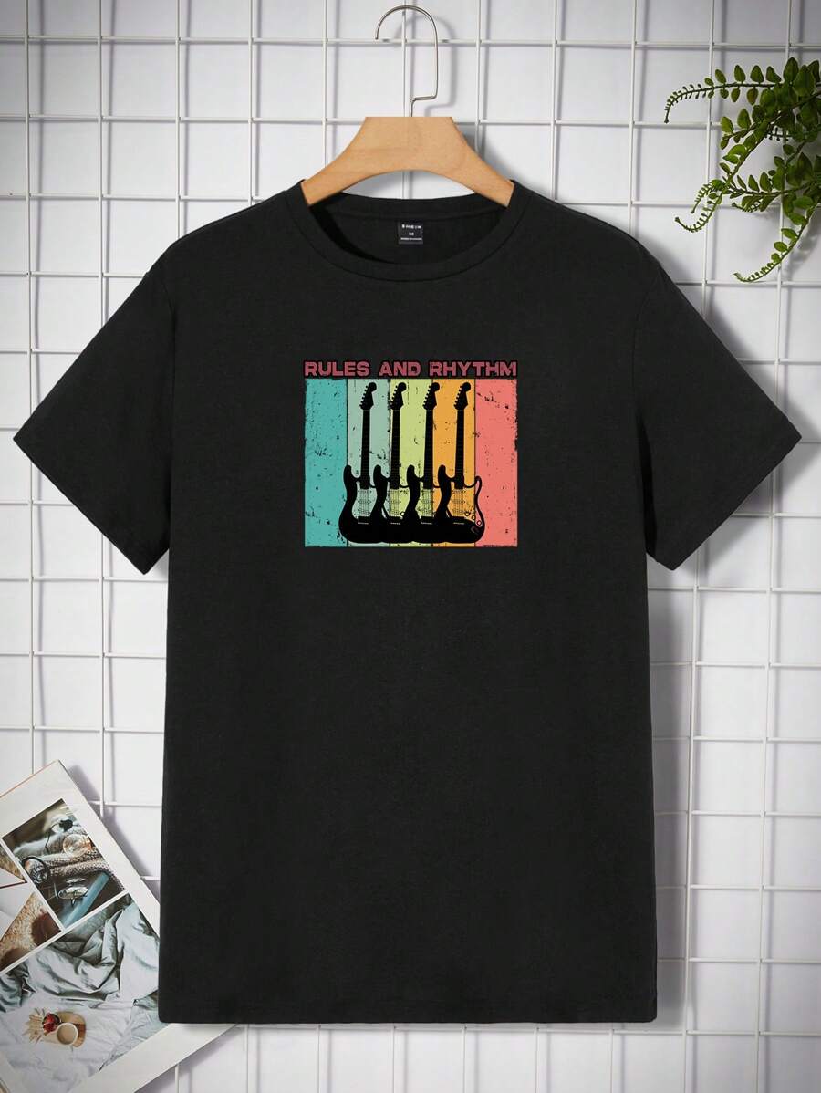 Manfinity RebelGame Nam Áo thun Bông Đàn ghi ta & Đồ họa Khẩu hiệu - màu đen - Xem 1