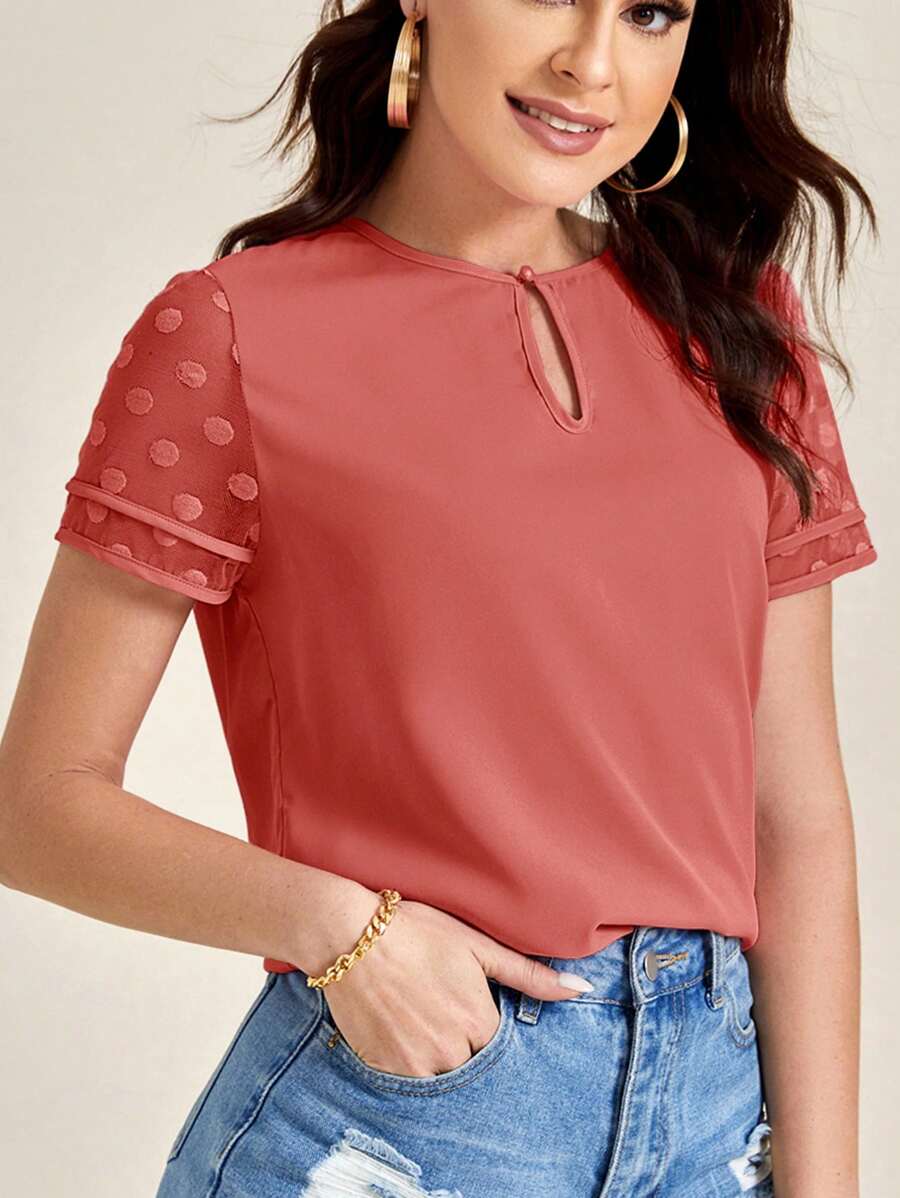SHEIN Clasi Keyhole Neckline Swiss Dot Sleeve Top - Watermelon Pink - View 1