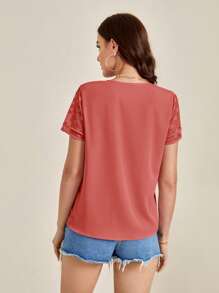 SHEIN Clasi Keyhole Neckline Swiss Dot Sleeve Top - Watermelon Pink - View 2