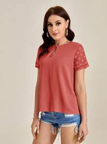 SHEIN Clasi Keyhole Neckline Swiss Dot Sleeve Top - Watermelon Pink - View 4