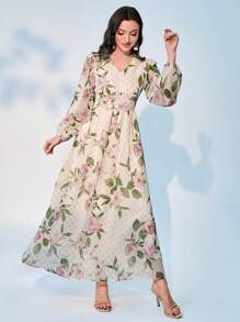 Modelyn Floral Print Lantern Sleeve Dress - Beige - View 1