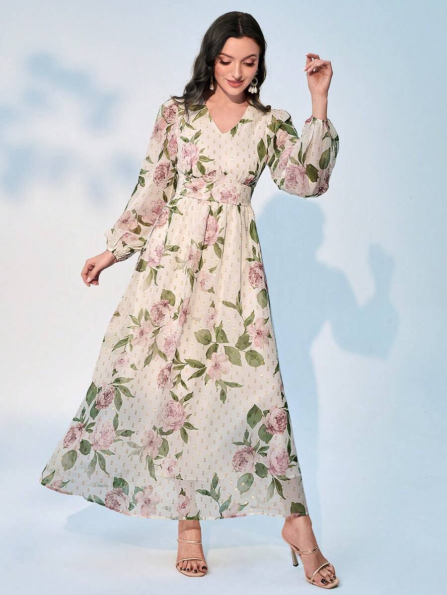 Modelyn Floral Print Lantern Sleeve Dress - Beige - View 1