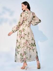 Modelyn Floral Print Lantern Sleeve Dress - Beige - View 2