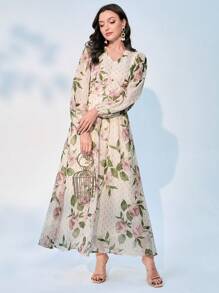Modelyn Floral Print Lantern Sleeve Dress - Beige - View 3
