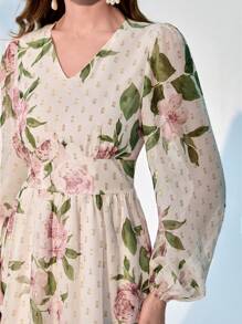 Modelyn Floral Print Lantern Sleeve Dress - Beige - View 5