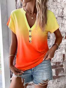 SHEIN LUNE Ombre Button Detail Batwing Sleeve Tee - Multicolor - View 3