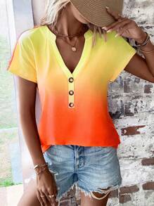 SHEIN LUNE Ombre Button Detail Batwing Sleeve Tee - Multicolor - View 4