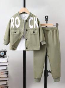 SHEIN 小男童字母圖案翻蓋細節夾克和褲子不帶T恤 - 軍綠色 - 查看 1