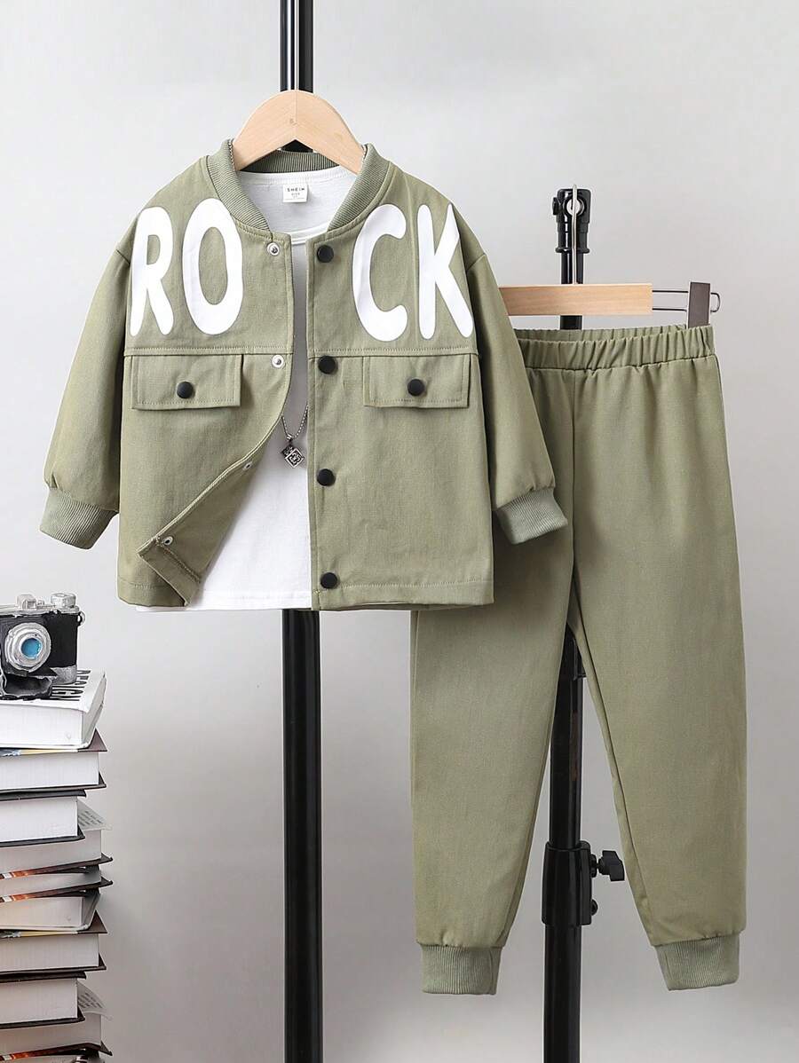 SHEIN 小男童字母圖案翻蓋細節夾克和褲子不帶T恤 - 軍綠色 - 查看 1