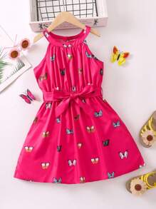 Cô Gái Trẻ Hình bướm Màu hồng tươi Halter Neck Kỳ nghỉ Phong cách vui tươi Đầm Cho mùa hè - Màu Hồng Tươi - Xem 1