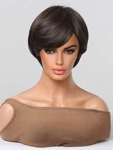 Tóc giả tổng hợp cắt ngắn thẳng Pixie có tóc mái - màu nâu - Xem 3