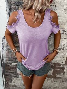 SHEIN LUNE Camiseta panel con encaje de hombros descubiertos - Lila Púrpura - Ver 6