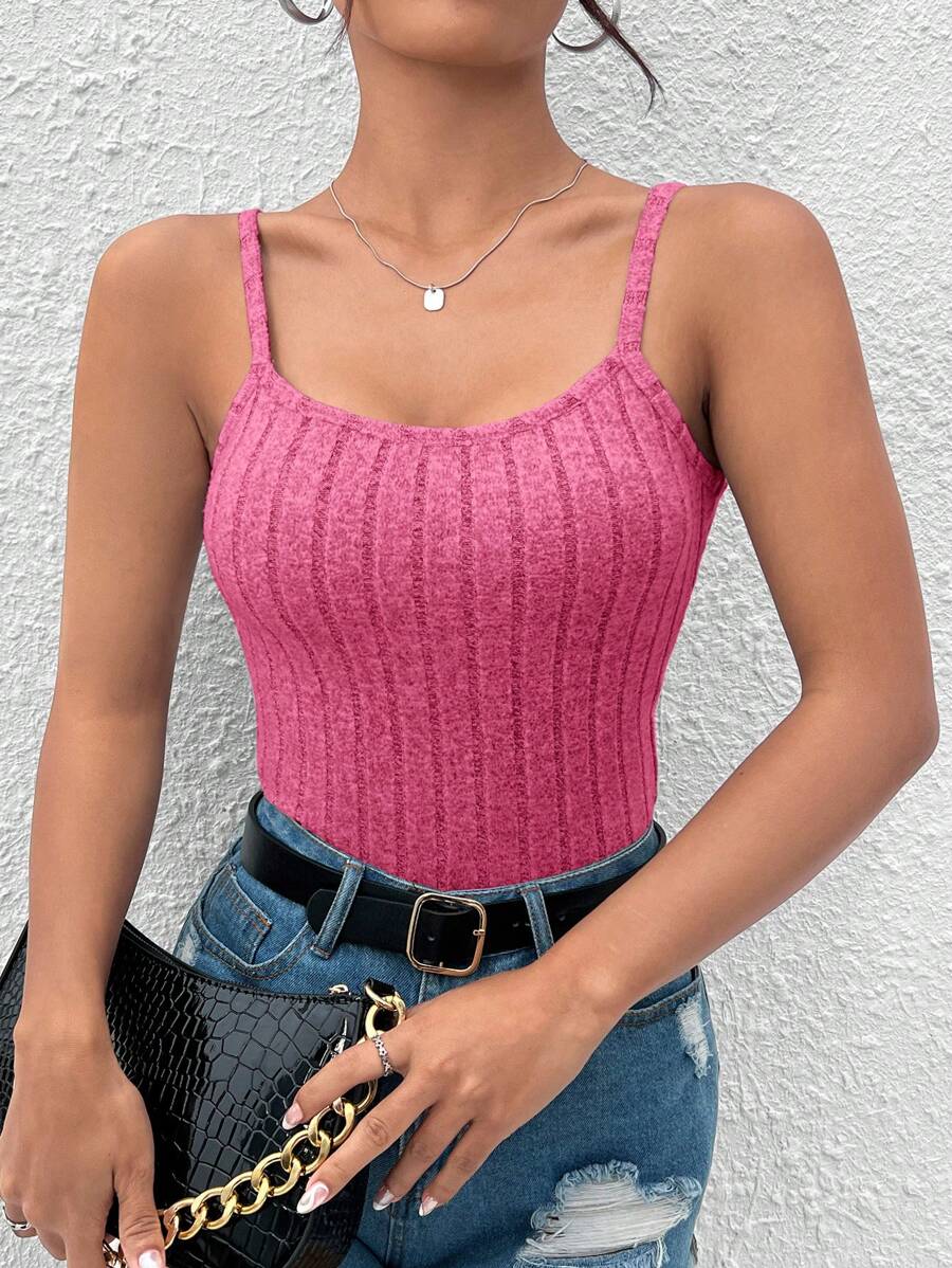 SHEIN PETITE Solid Rib-knit Cami Top - Pink - View 1