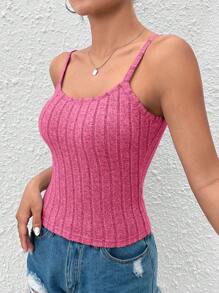 SHEIN PETITE Solid Rib-knit Cami Top - Pink - View 5