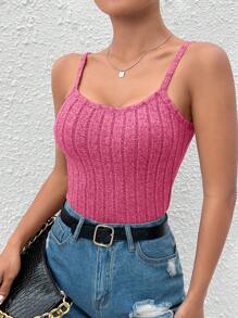 SHEIN PETITE Solid Rib-knit Cami Top - Pink - View 6