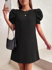 SHEIN PETITE 蝴蝶結露背泡泡袖洋裝 - 黑色 - 查看 2