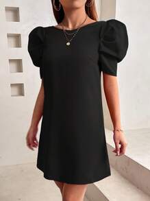 SHEIN PETITE 蝴蝶結露背泡泡袖洋裝 - 黑色 - 查看 3