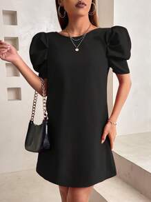 SHEIN PETITE 蝴蝶結露背泡泡袖洋裝 - 黑色 - 查看 5