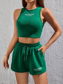 SHEIN PETITE Letter Graphic Crop Tank Top & Drawstring Waist Shorts - Green - View 5