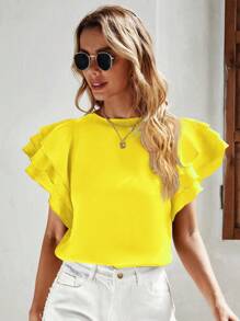 SHEIN Privé 素色蝴蝶袖上衣 - 黃色 - 查看 2