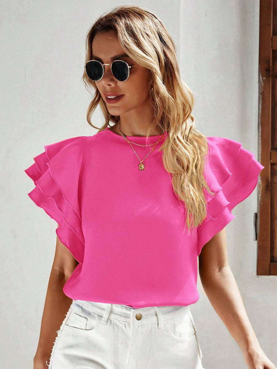 SHEIN Privé Solid Layered Sleeve Blouse - Pink - View 1