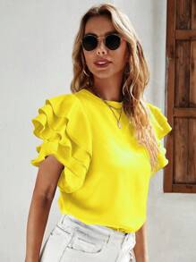 SHEIN Privé 素色蝴蝶袖上衣 - 黃色 - 查看 4