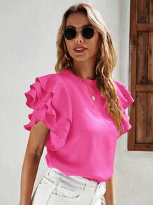 SHEIN Privé Solid Layered Sleeve Blouse - Pink - View 4