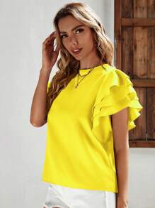 SHEIN Privé 素色蝴蝶袖上衣 - 黃色 - 查看 6