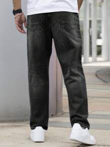 Men Slant Pocket Straight Leg Jeans - Black - View 2