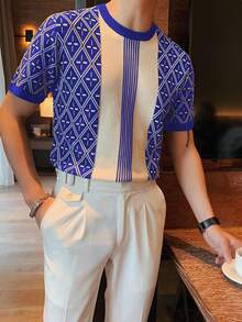 NITAGUT Áo dệt kim nam Hình học Sọc Giải trí - Xanh và trắng - Xem 3