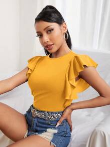 SHEIN PETITE 素色蝴蝶袖T恤 - 黃色 - 查看 1
