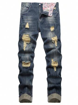 男士破洞抽鬚貓抓緊身牛仔褲