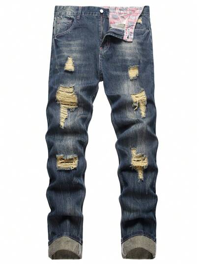 男士破洞抽鬚貓抓緊身牛仔褲