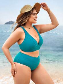 SHEIN Swim Curve Plus Size Solid High Waisted Bikini Set Summer Beach - Teal Blue - View 6