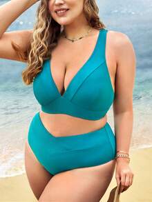 SHEIN Swim Curve Plus Size Solid High Waisted Bikini Set Summer Beach - Teal Blue - View 8