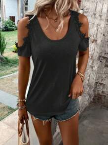 SHEIN LUNE Guipure Lace Panel Cold Shoulder Tee - Black - View 3