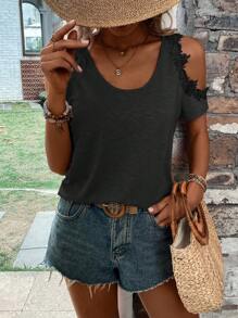 SHEIN LUNE Guipure Lace Panel Cold Shoulder Tee - Black - View 4