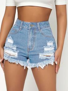SHEIN PETITE Quần short denim nữ Nút Túi Hem thô Bị tách Dây kéo màu trơn - Rửa nhẹ - Xem 3
