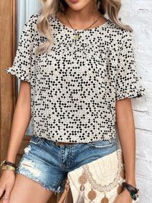 SHEIN LUNE Polka Dot Print Flounce Sleeve Blouse - Black - View 5