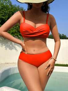 Bộ Bikini Nữ xoắn lại màu trơn - trái cam - Xem 4