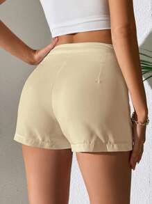 SHEIN PETITE 高腰拼接細節斜口袋短褲 - 卡其色 - 查看 2