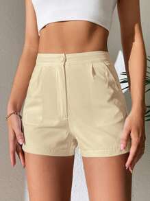 SHEIN PETITE 高腰拼接細節斜口袋短褲 - 卡其色 - 查看 5