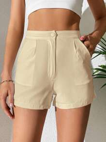 SHEIN PETITE 高腰拼接細節斜口袋短褲 - 卡其色 - 查看 7